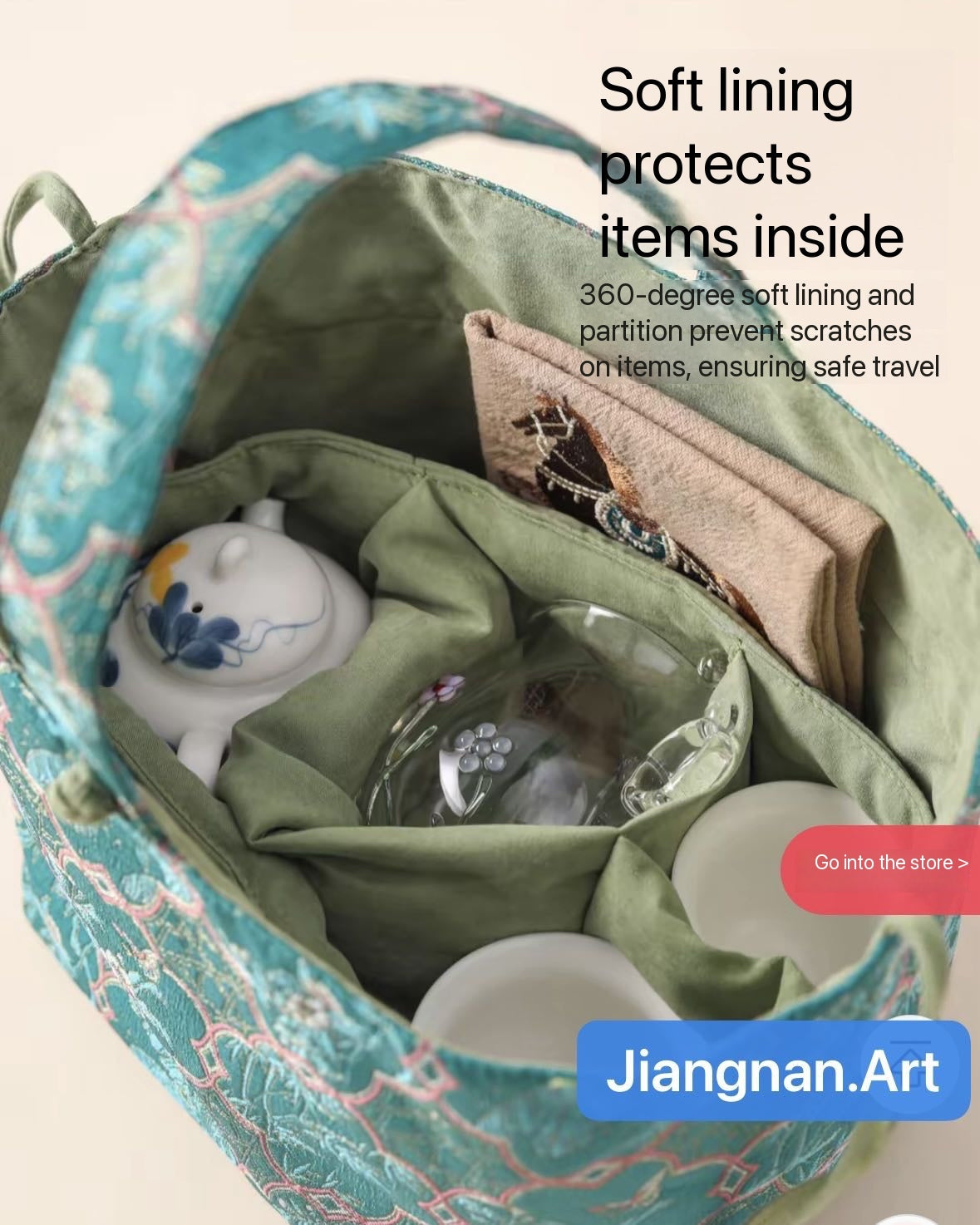 Chinese Traditional Song Brocade Green Tea Bag Travel Cloth Bag Big Capacity Portable Storage Bag