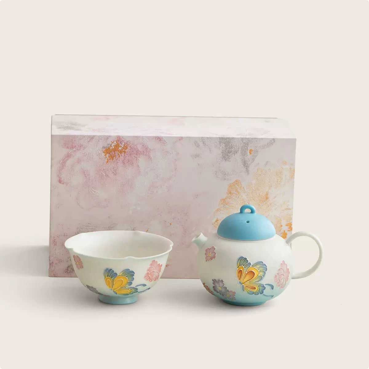 Handpainted Chinese Blue Butterfly Flower Pattern Teapot Teacup Set Artwork