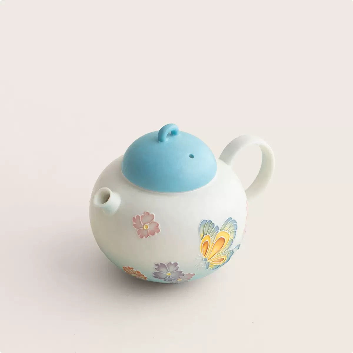Handpainted Chinese Blue Butterfly Flower Pattern Teapot Teacup Set Artwork