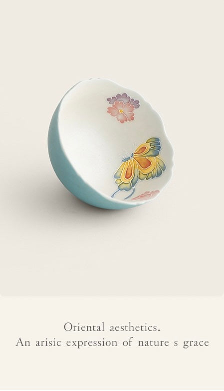 Handpainted Chinese Blue Butterfly Flower Pattern Teapot Teacup Set Artwork