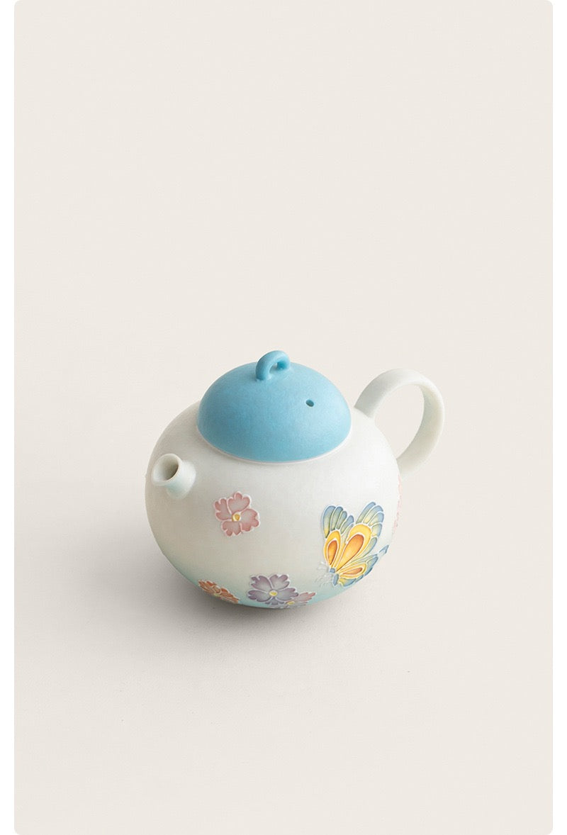 Handpainted Chinese Blue Butterfly Flower Pattern Teapot Teacup Set Artwork