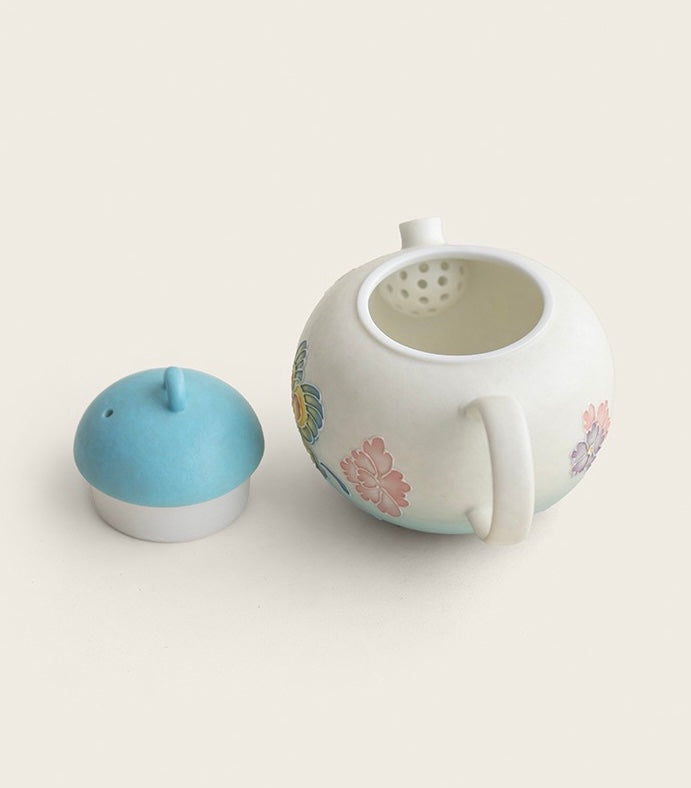 Handpainted Chinese Blue Butterfly Flower Pattern Teapot Teacup Set Artwork