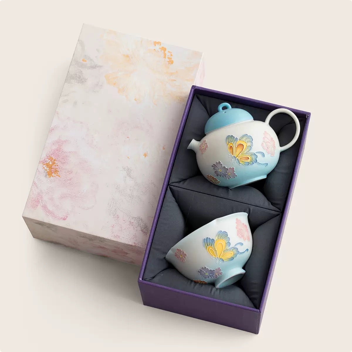 Handpainted Chinese Blue Butterfly Flower Pattern Teapot Teacup Set Artwork