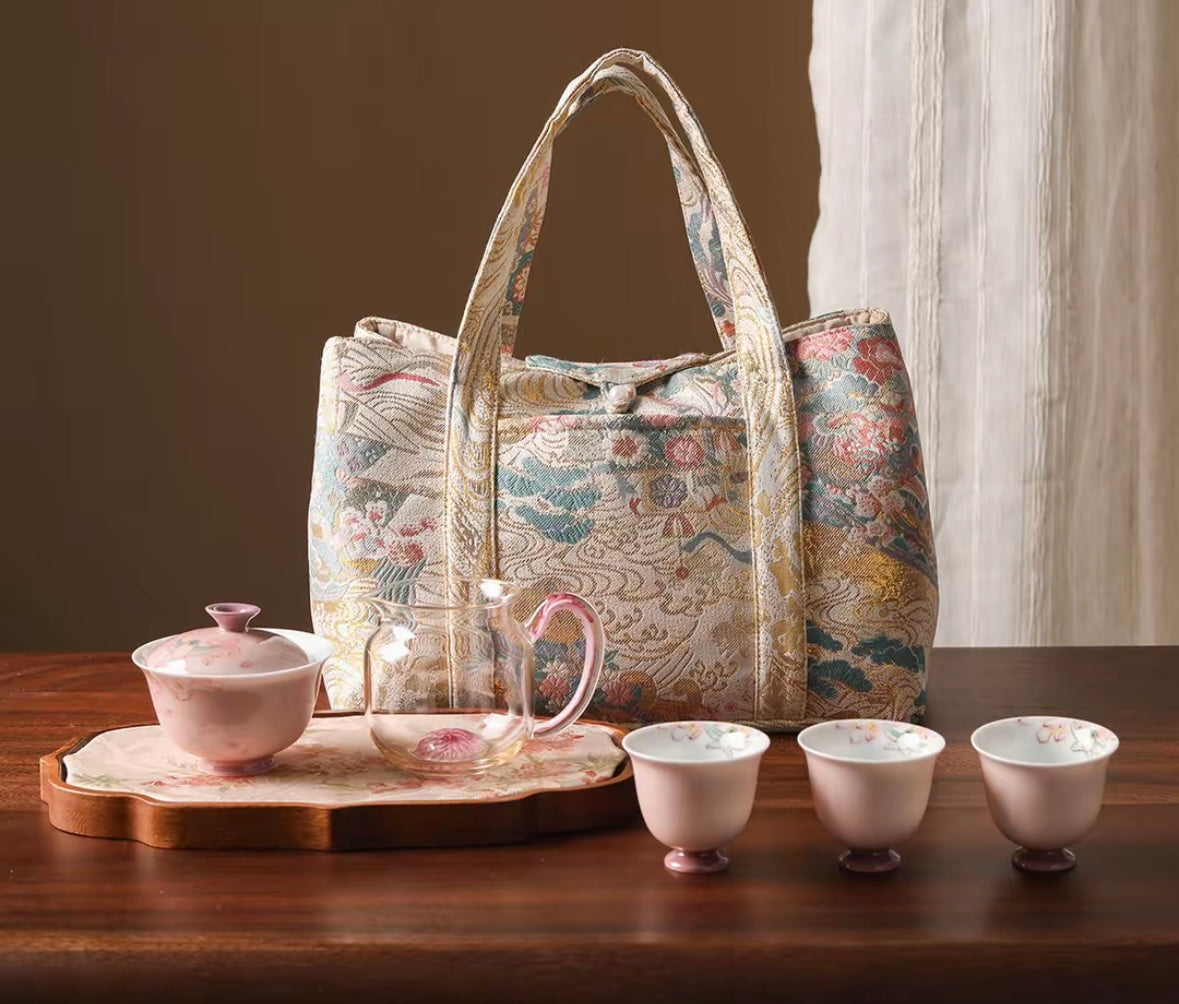 Chinese Traditional Song Brocade Gilt Pink Flower Pattern Tea Bag Travel Cloth Bag Big Capacity Portable Storage Bag