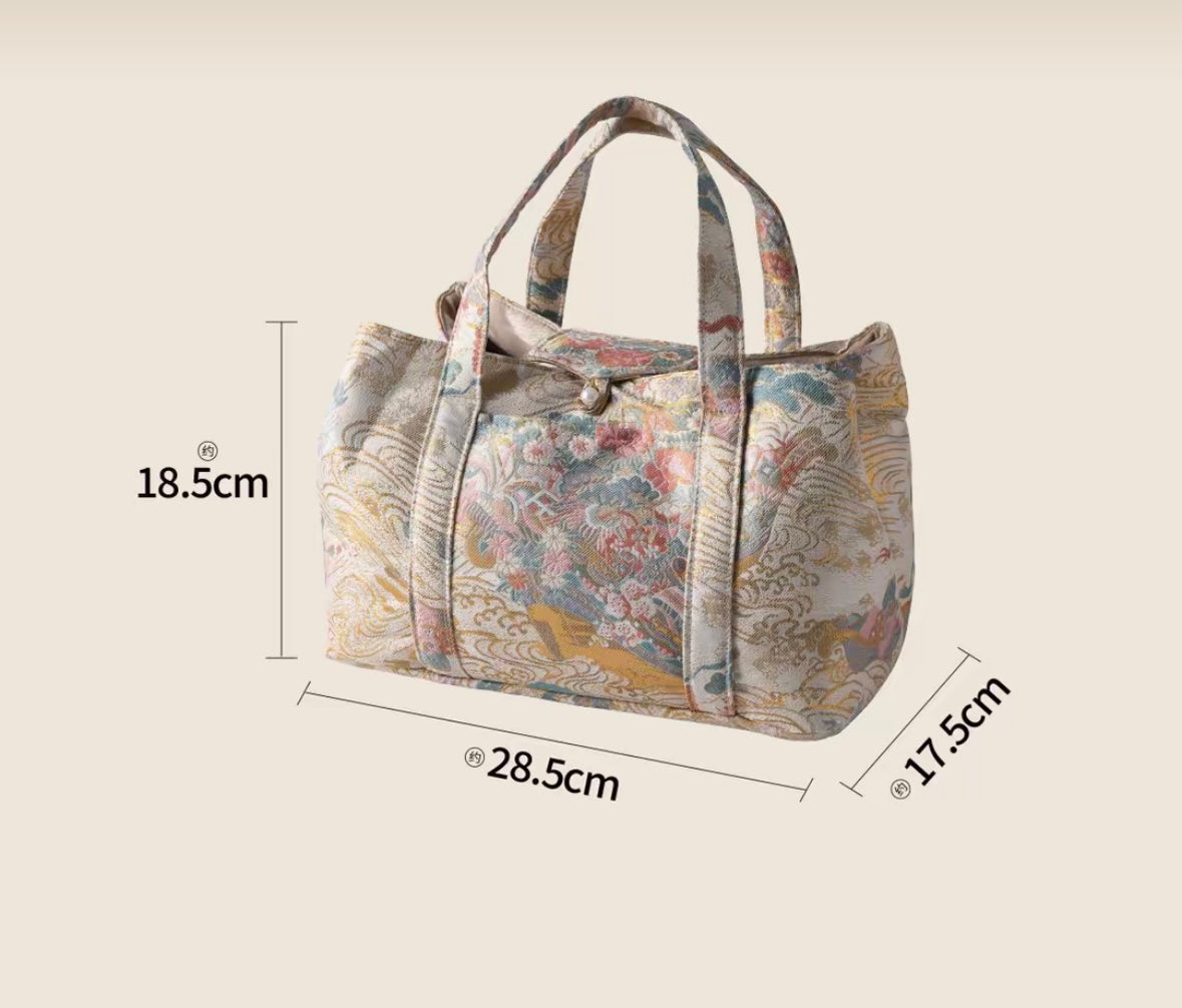 Chinese Traditional Song Brocade Gilt Pink Flower Pattern Tea Bag Travel Cloth Bag Big Capacity Portable Storage Bag