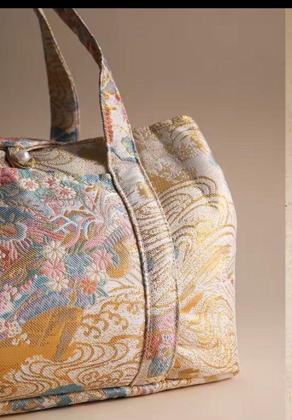 Chinese Traditional Song Brocade Gilt Pink Flower Pattern Tea Bag Travel Cloth Bag Big Capacity Portable Storage Bag