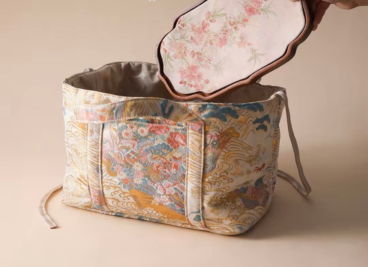 Chinese Traditional Song Brocade Gilt Pink Flower Pattern Tea Bag Travel Cloth Bag Big Capacity Portable Storage Bag