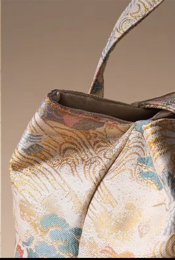 Chinese Traditional Song Brocade Gilt Pink Flower Pattern Tea Bag Travel Cloth Bag Big Capacity Portable Storage Bag