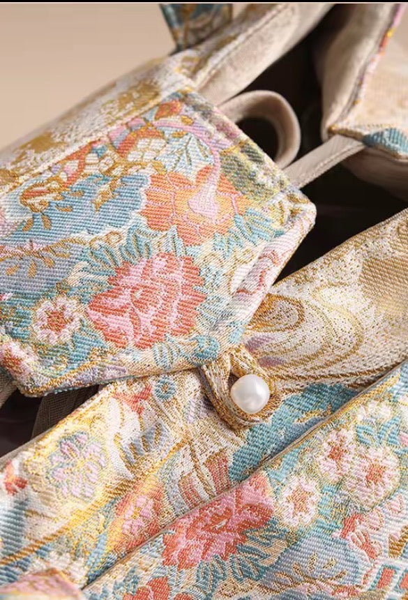 Chinese Traditional Song Brocade Gilt Pink Flower Pattern Tea Bag Travel Cloth Bag Big Capacity Portable Storage Bag