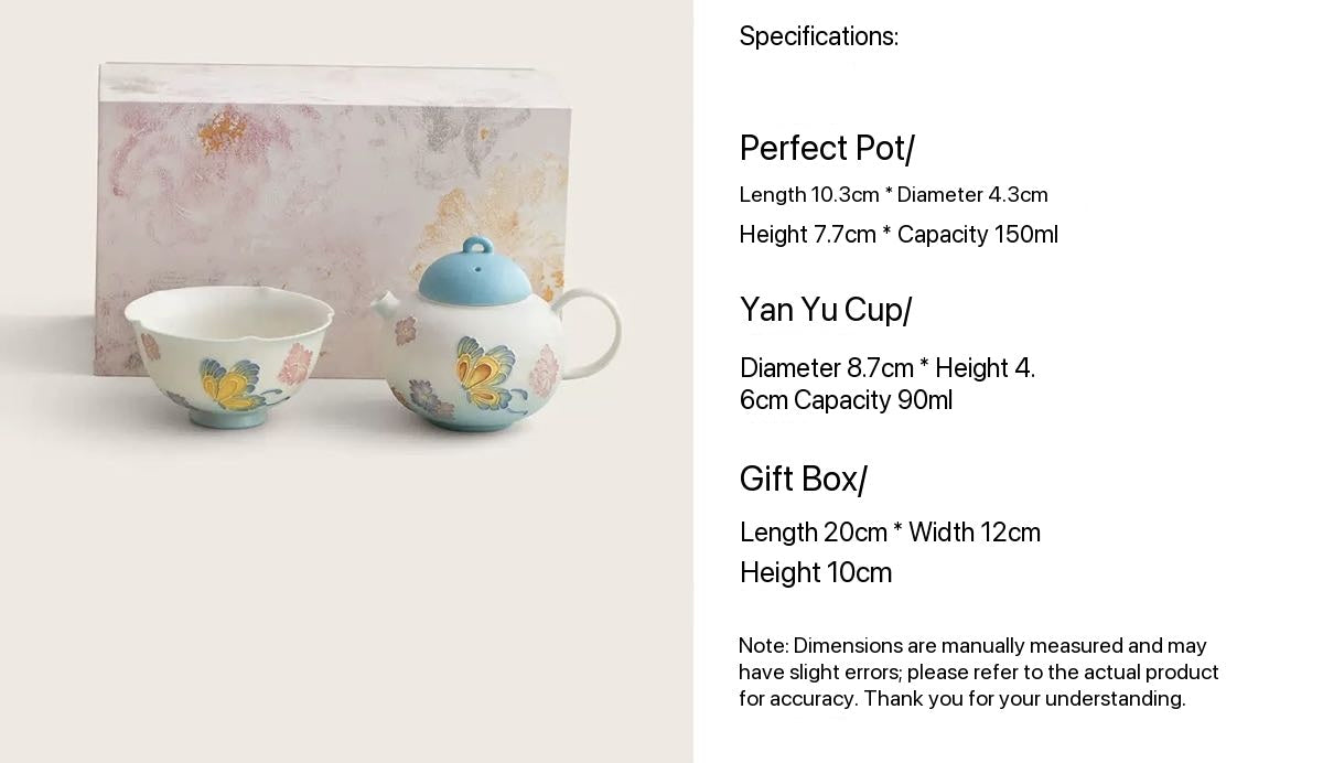 Handpainted Chinese Blue Butterfly Flower Pattern Teapot Teacup Set Artwork
