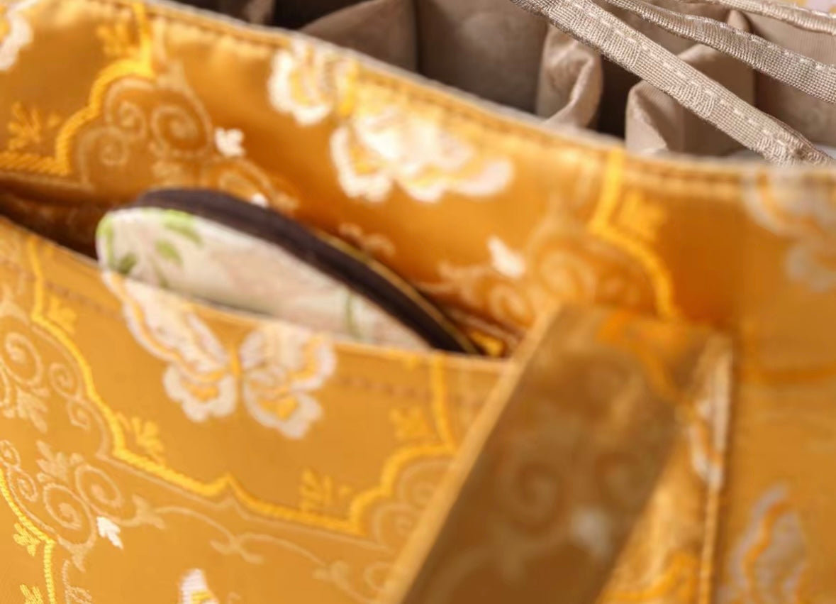 High-class Chinese Traditional Song Brocade Golden Butterfly Pattern Tea Bag Travel Cloth Bag Big Capacity Portable Storage Bag