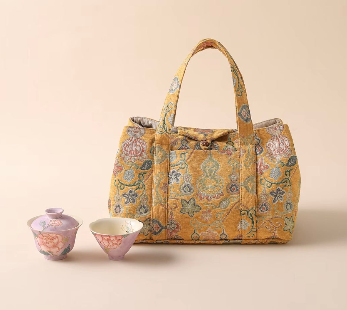 Chinese High-end Traditional Song Brocade Golden Gourd Pattern Tea Bag Travel Cloth Bag Big Capacity Portable Storage Bag