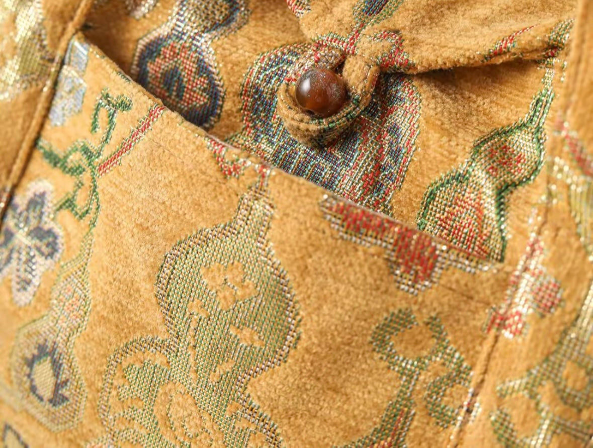 Chinese High-end Traditional Song Brocade Golden Gourd Pattern Tea Bag Travel Cloth Bag Big Capacity Portable Storage Bag
