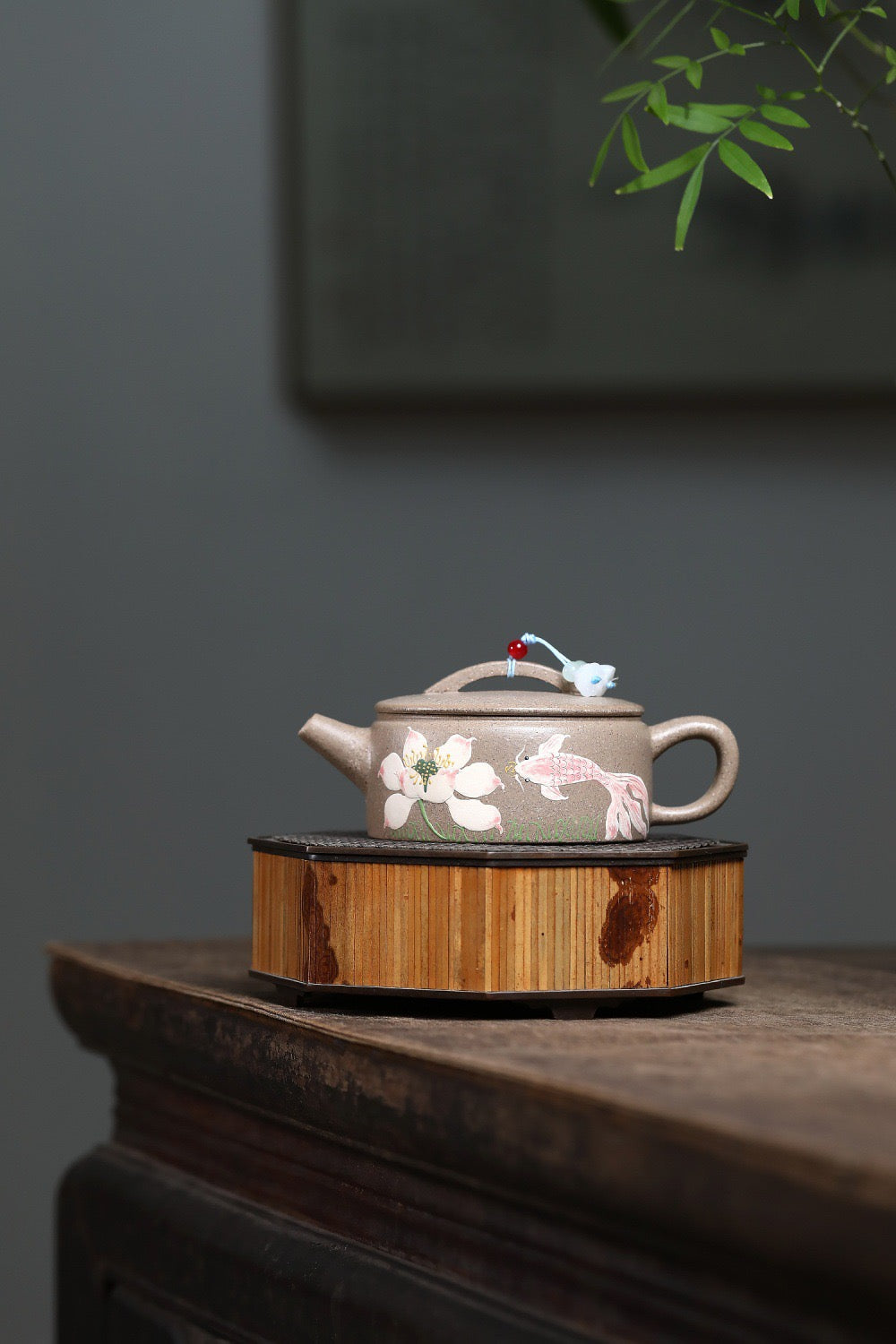 Handcrafted Yixing White Duan Clay Hanwa Shape Chinese Yixing Zisha Teapot Hand Painted Fish Lotus Motif Pot Artwork