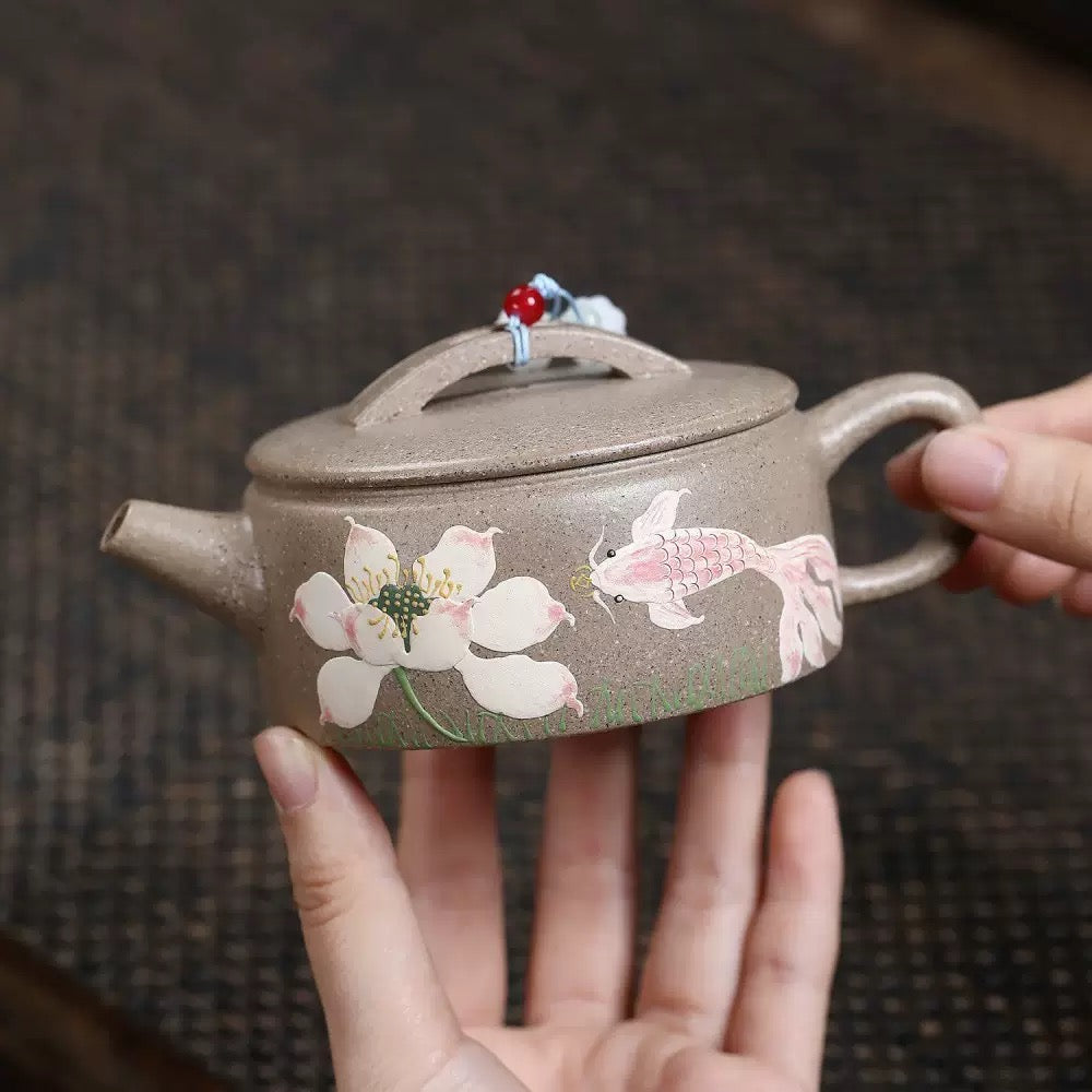 Handcrafted Yixing White Duan Clay Hanwa Shape Chinese Yixing Zisha Teapot Hand Painted Fish Lotus Motif Pot Artwork