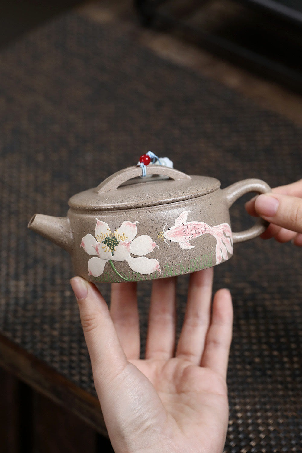 Handcrafted Yixing White Duan Clay Hanwa Shape Chinese Yixing Zisha Teapot Hand Painted Fish Lotus Motif Pot Artwork