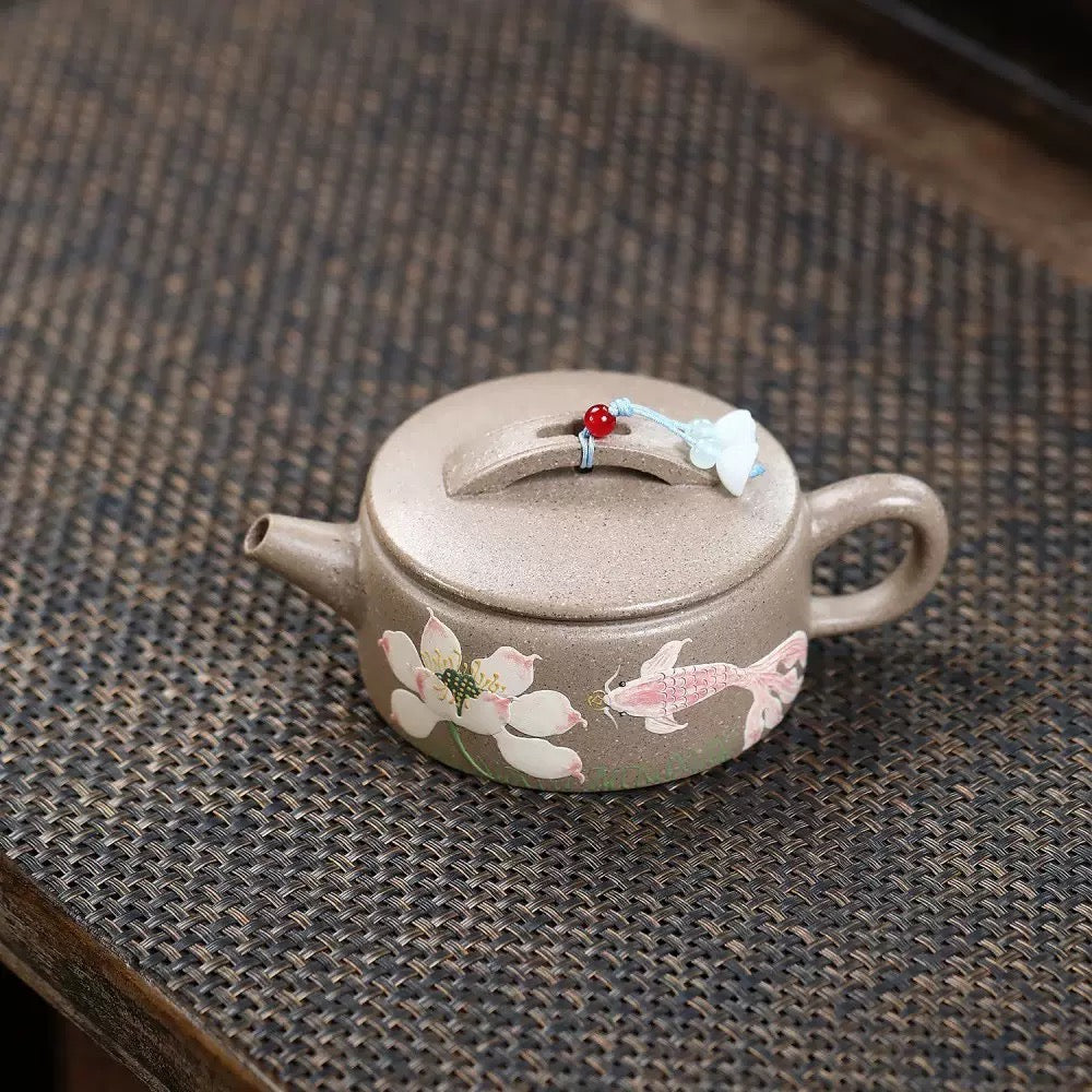 Handcrafted Yixing White Duan Clay Hanwa Shape Chinese Yixing Zisha Teapot Hand Painted Fish Lotus Motif Pot Artwork