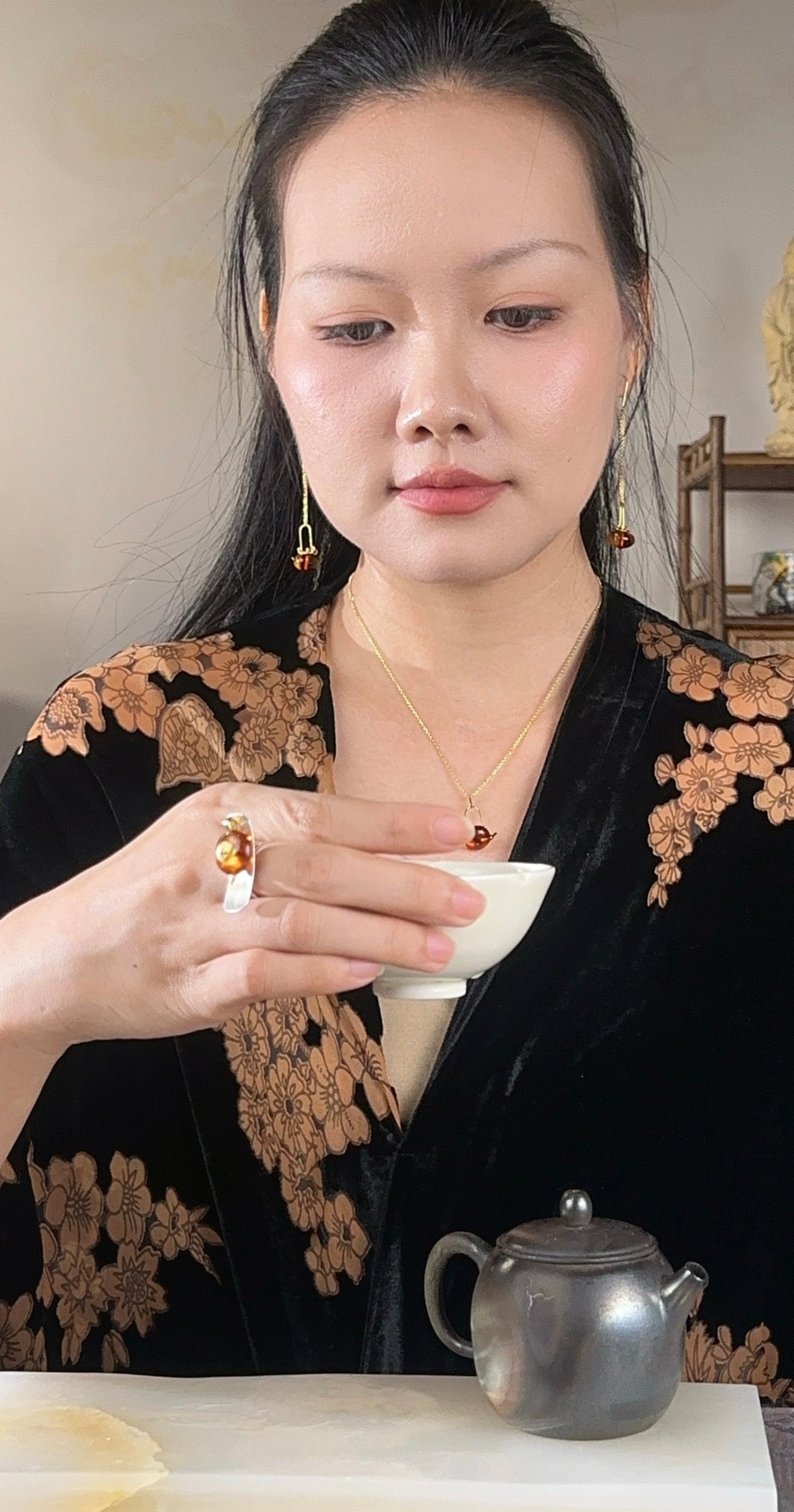 S925 Sterling Silver Original Design Handmade Teapot Shape Amber Earrings