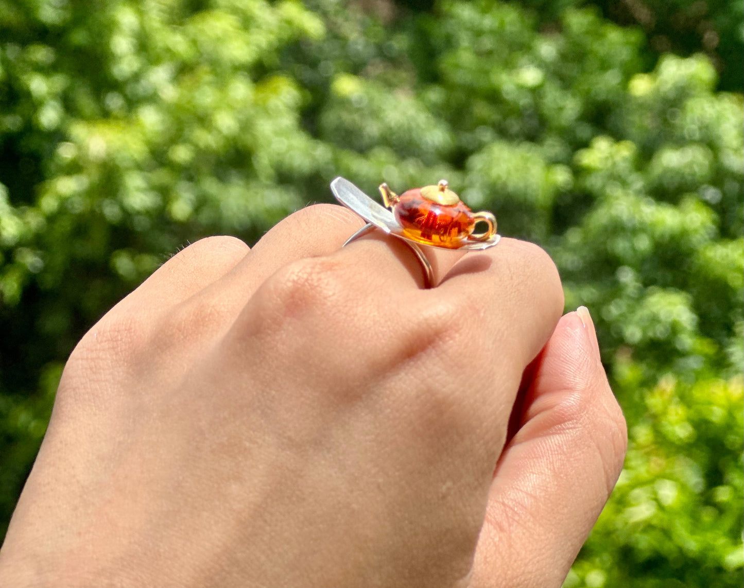 S925 Sterling Silver Original Design Handmade Teapot Shape Amber Pendant