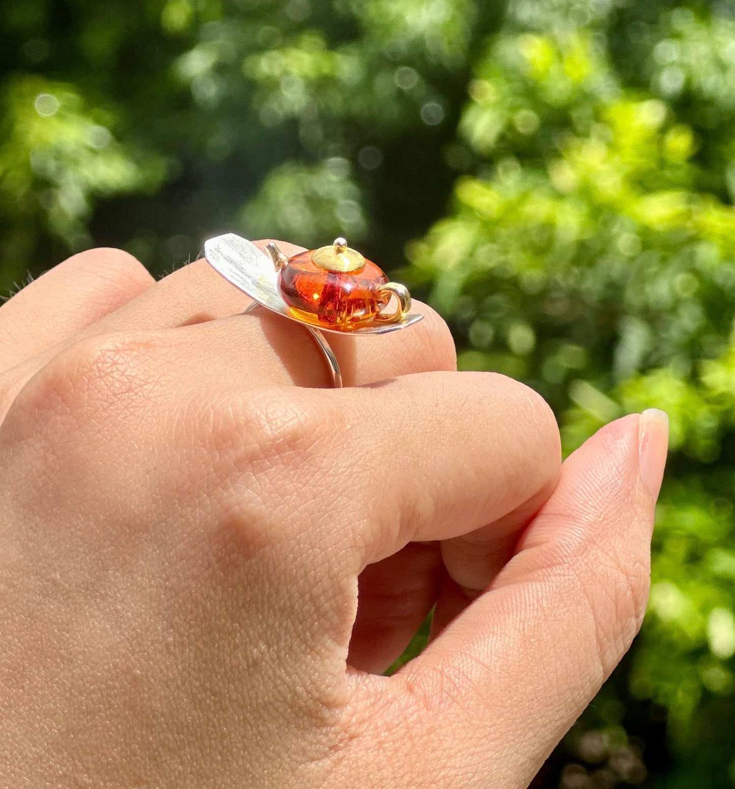 S925 Sterling Silver Original Design Handmade Teapot Shape Amber Pendant