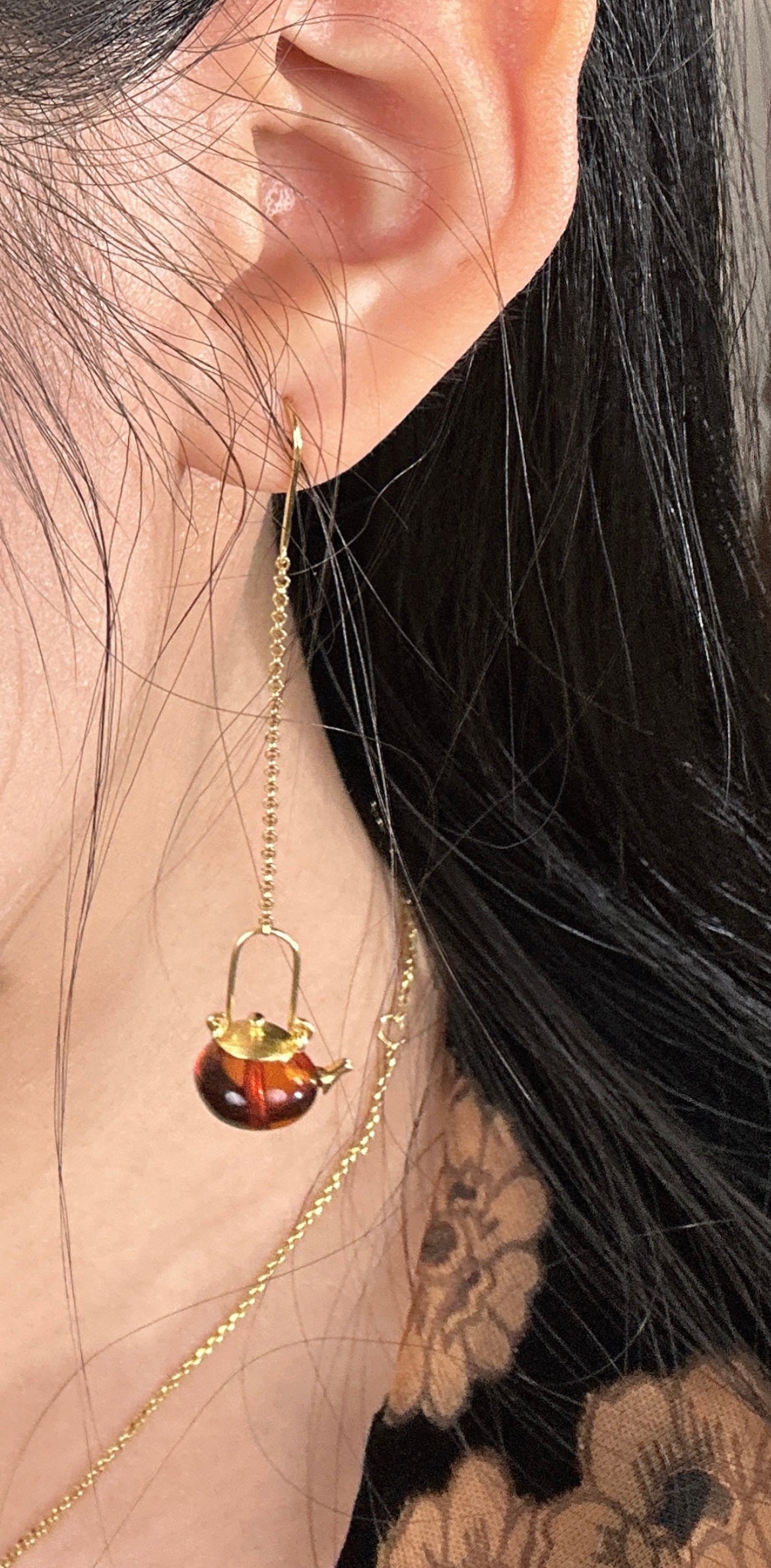 S925 Sterling Silver Original Design Handmade Teapot Shape Amber Earrings