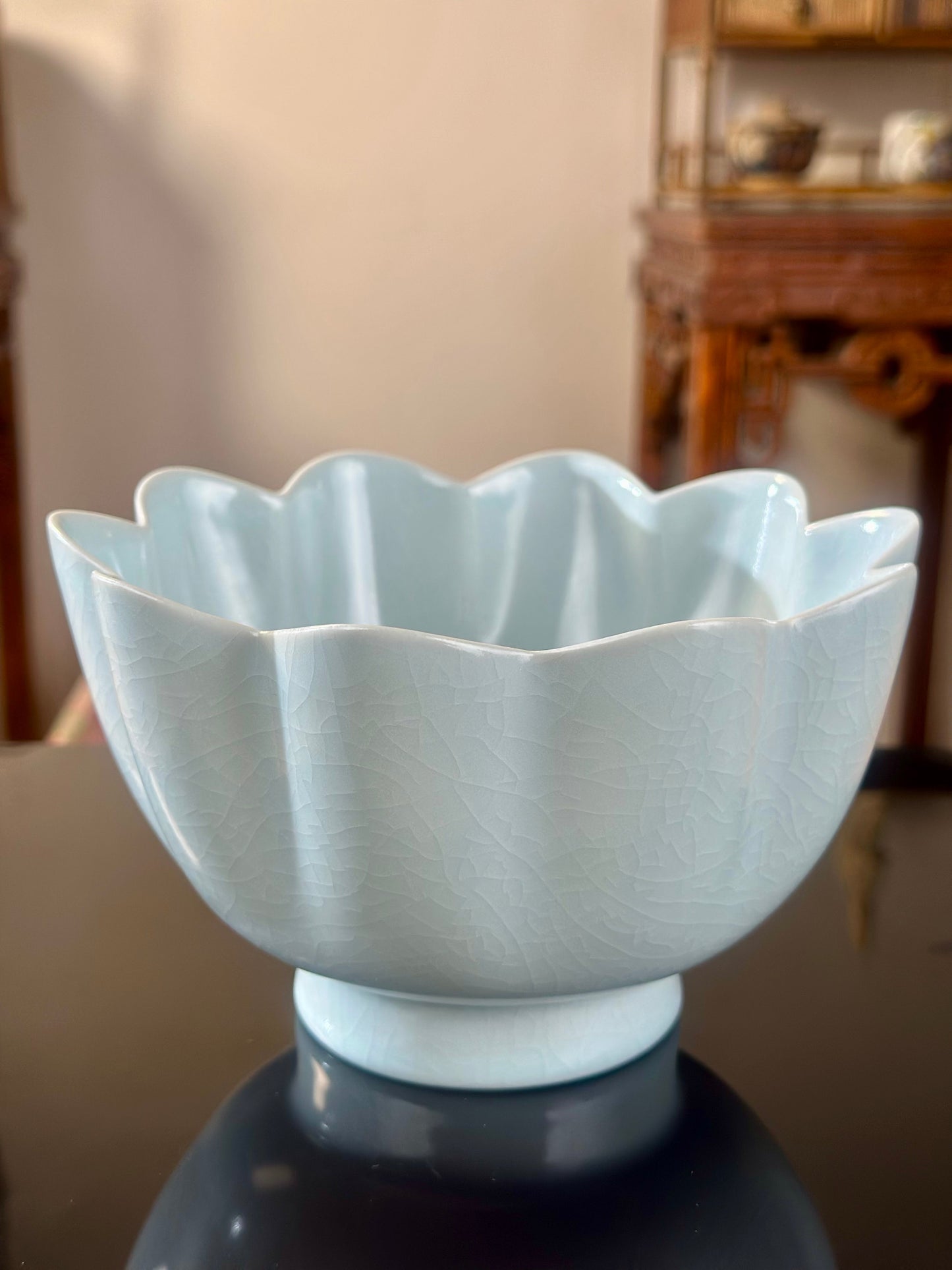 Handcrafted Ru Ware Classic Lotus Shape Tea Bowl Chinese High-class Ru Porcelain Ruyao Moon White Glazed