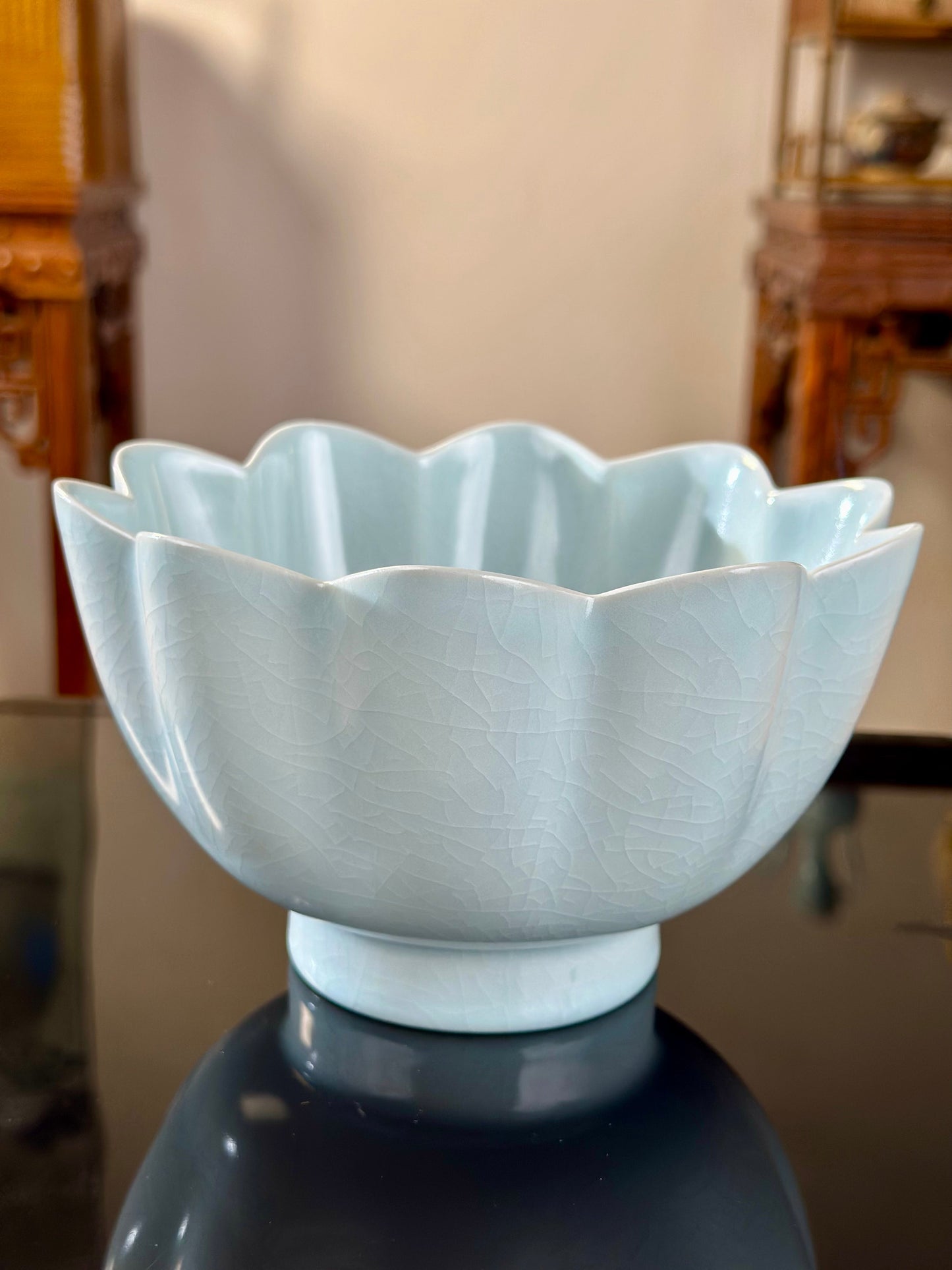 Handcrafted Ru Ware Classic Lotus Shape Tea Bowl Chinese High-class Ru Porcelain Ruyao Moon White Glazed