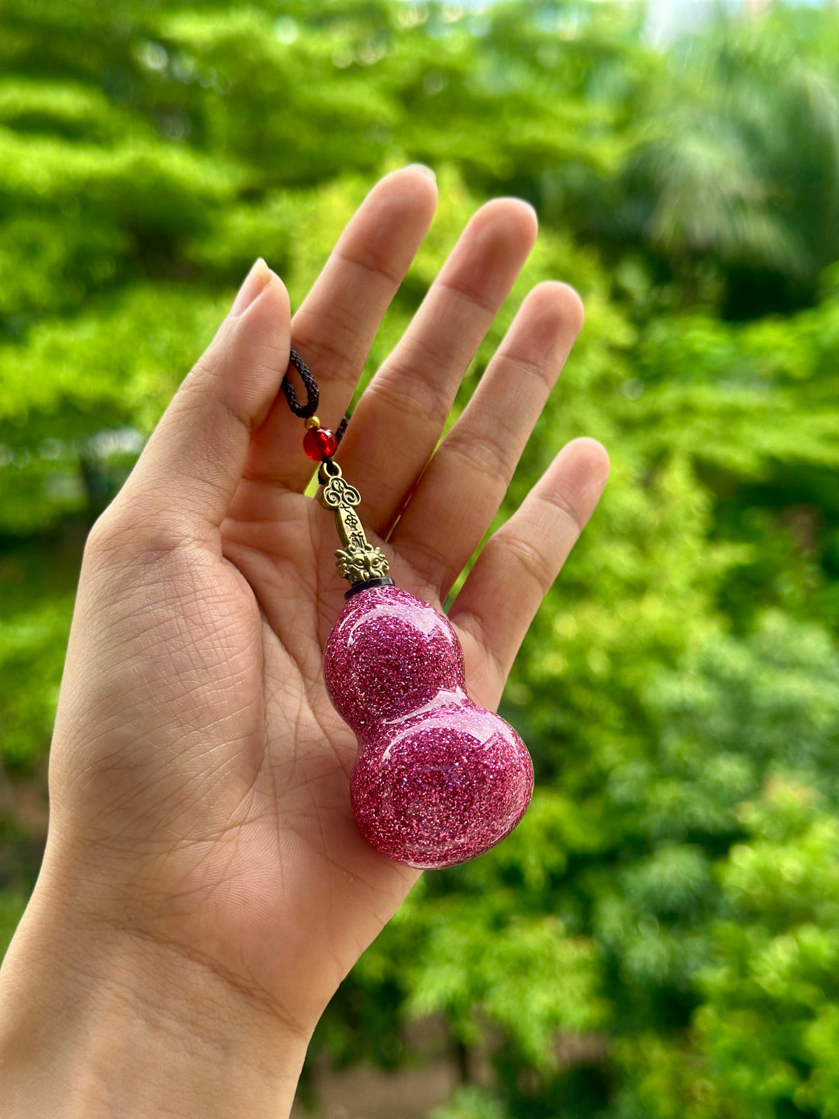Handcrafted Chinese Natural Lacquered Foil Powerder Gourd Hulu Art Necklace Decoration Accessory