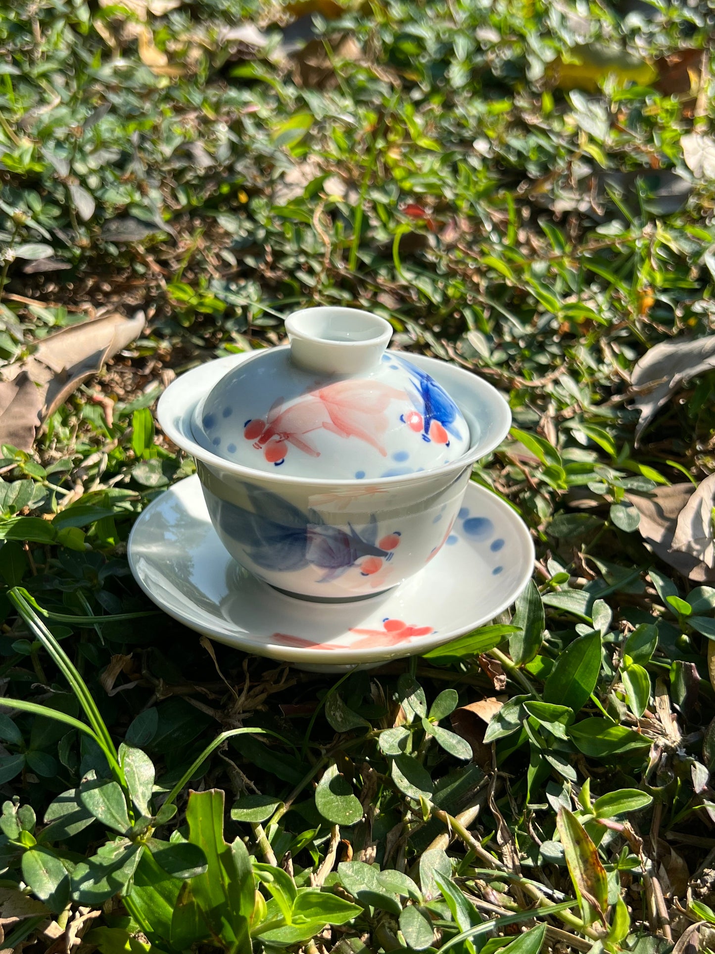 Handcrafted Chinese Handpainted Chinese Fish Pattern Teaset Jingdezhen Gaiwan Set Ceramic Master Pottery Artwork