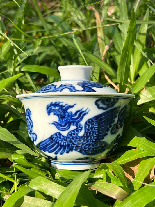 Hand Painted Chinese Phoenix Gaiwan Blue and White Porcelain Teaware Jingdezhen Master Ceramic Artwork