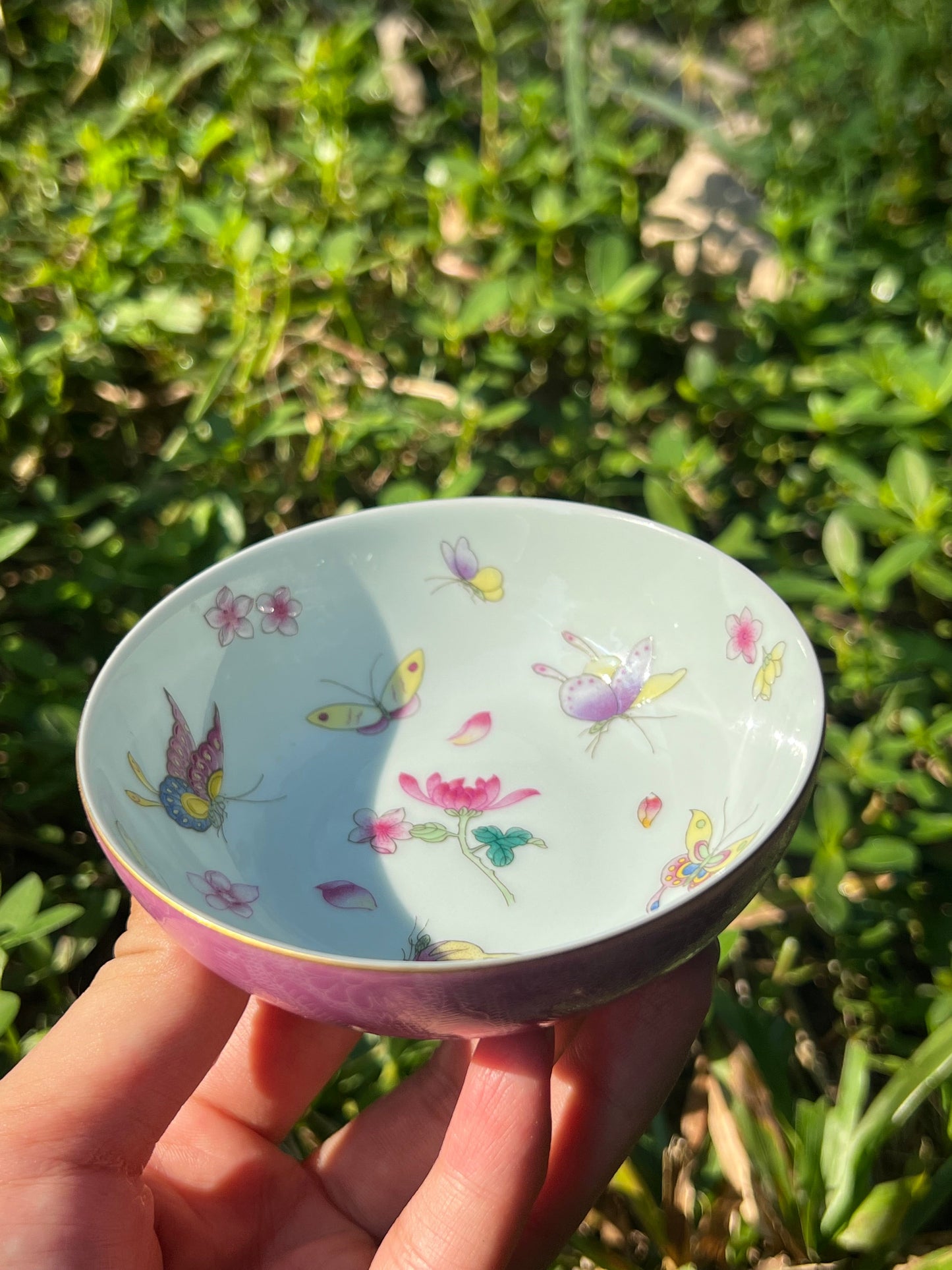 Hand Painted Pahua Chinese Butterfly Teacup Jingdezhen Master Ceramic Artwork Purple Base