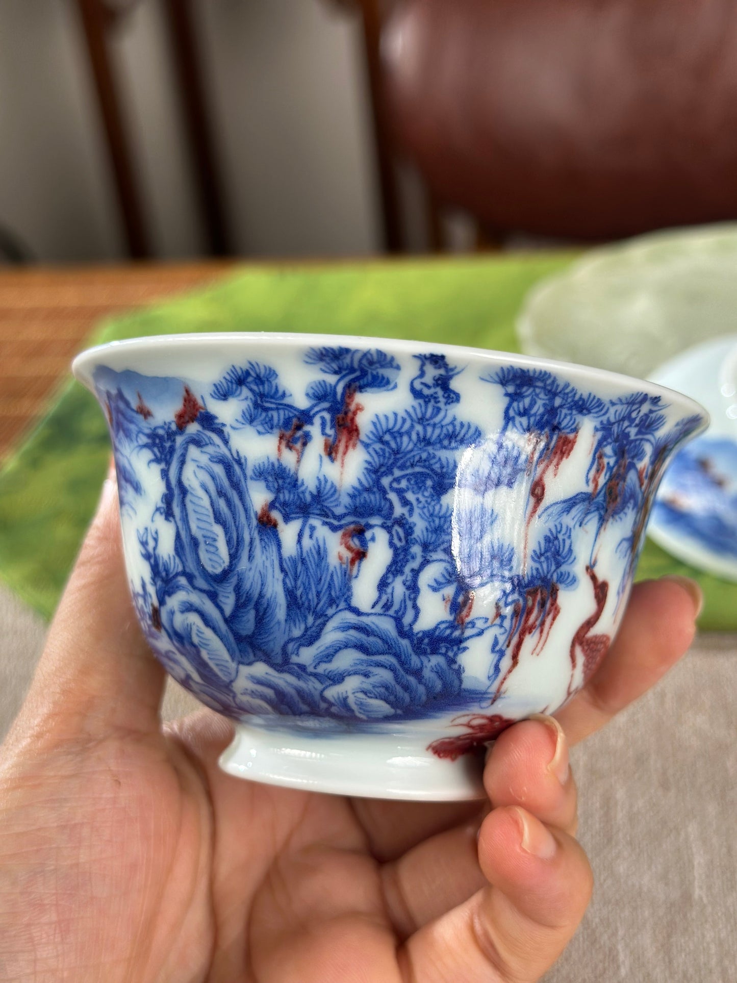 Hand Painted Chinese Landscape Blue and White Porcelain Underglaze Red Porecelain Teacup Jingdezhen Master Ceramic Artwork