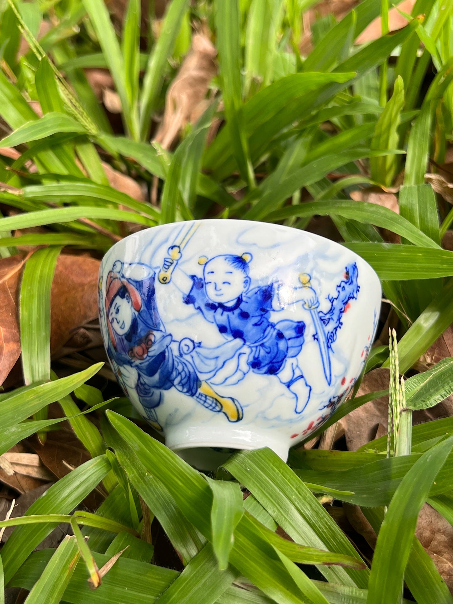 Hand Painted Chinese Blue and White Porcelain Magic Children Tongzi Pattern Jingdezhen Teacup Master Ceramic Artwork