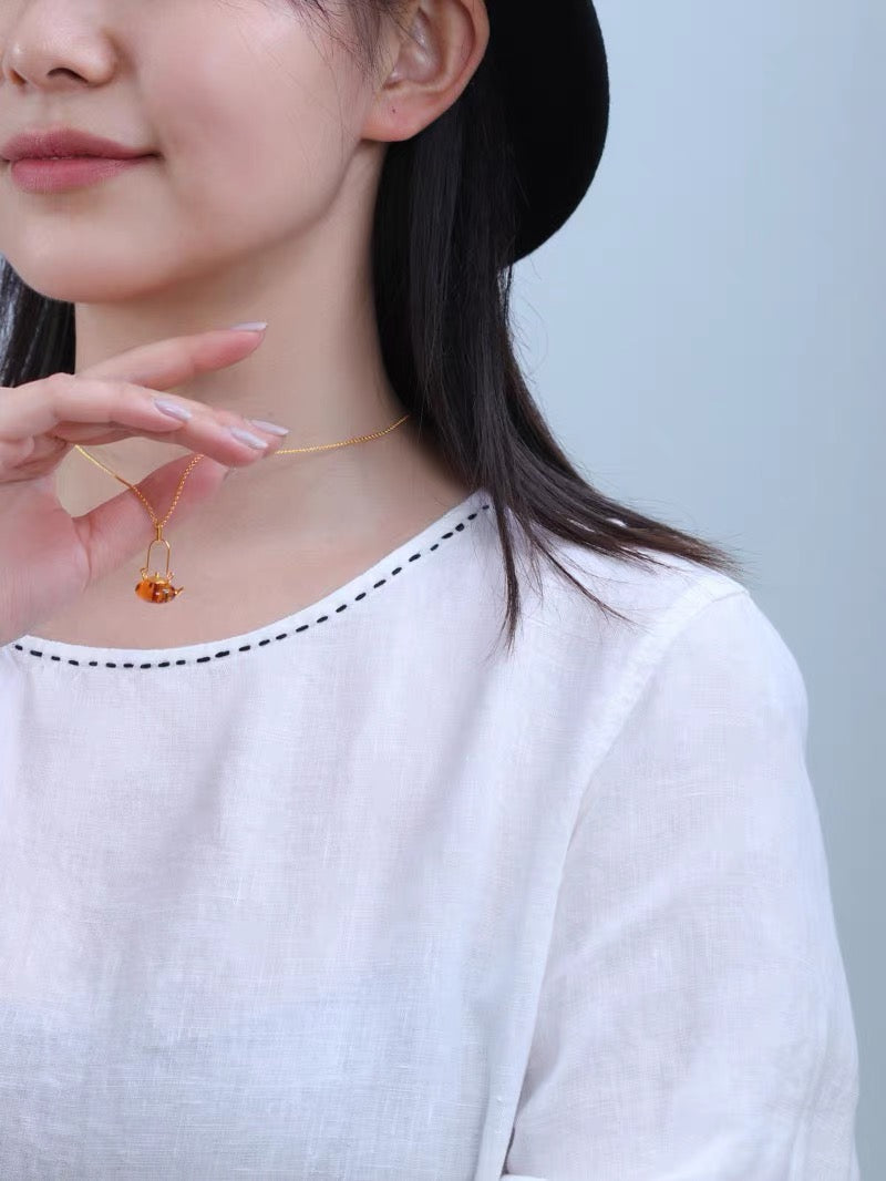 S925 Sterling Silver Original Design Handmade Teapot Shape Amber Pendant