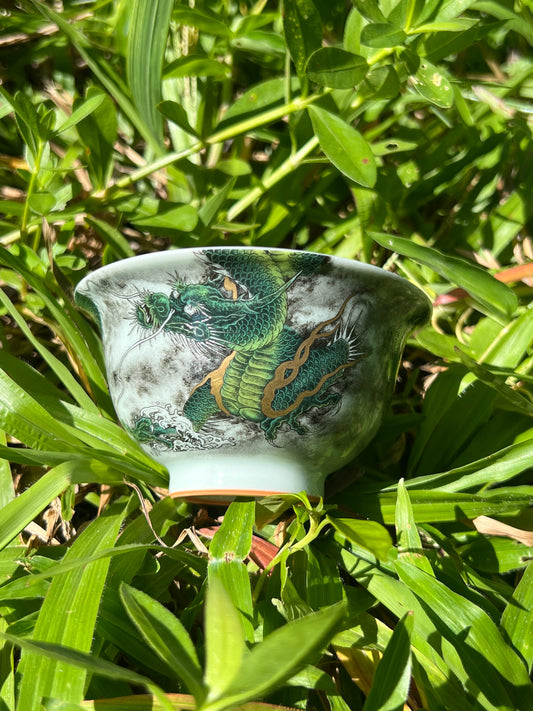 Handcrafted Chinese Handpainted Chinese Green Dragon Jingdezhen Teacup Master Ceramic Artwork