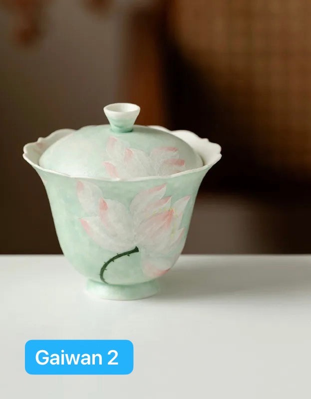 Handpainted Chinese Lotus Green Teapot Gaiwan Set Teacup Teaset