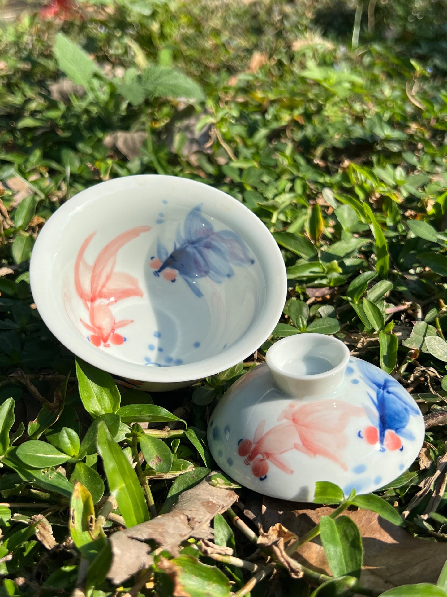 Handcrafted Chinese Handpainted Chinese Fish Pattern Teaset Jingdezhen Gaiwan Set Ceramic Master Pottery Artwork