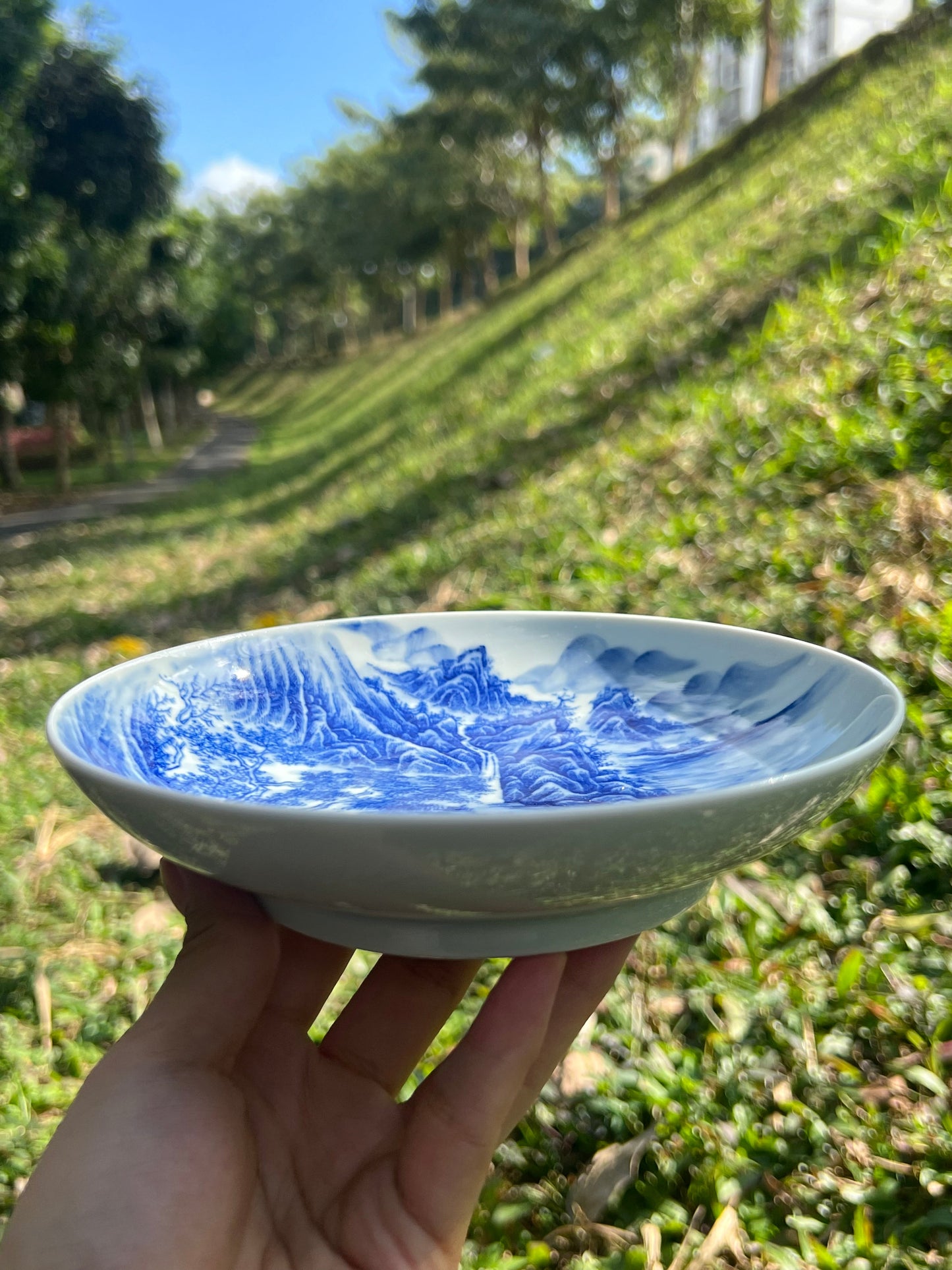 Chinese Handpainted Chinese Landscape Blue and White Porcelain Tea tray Jingdezhen Tea Boat Master Pottery Artwork