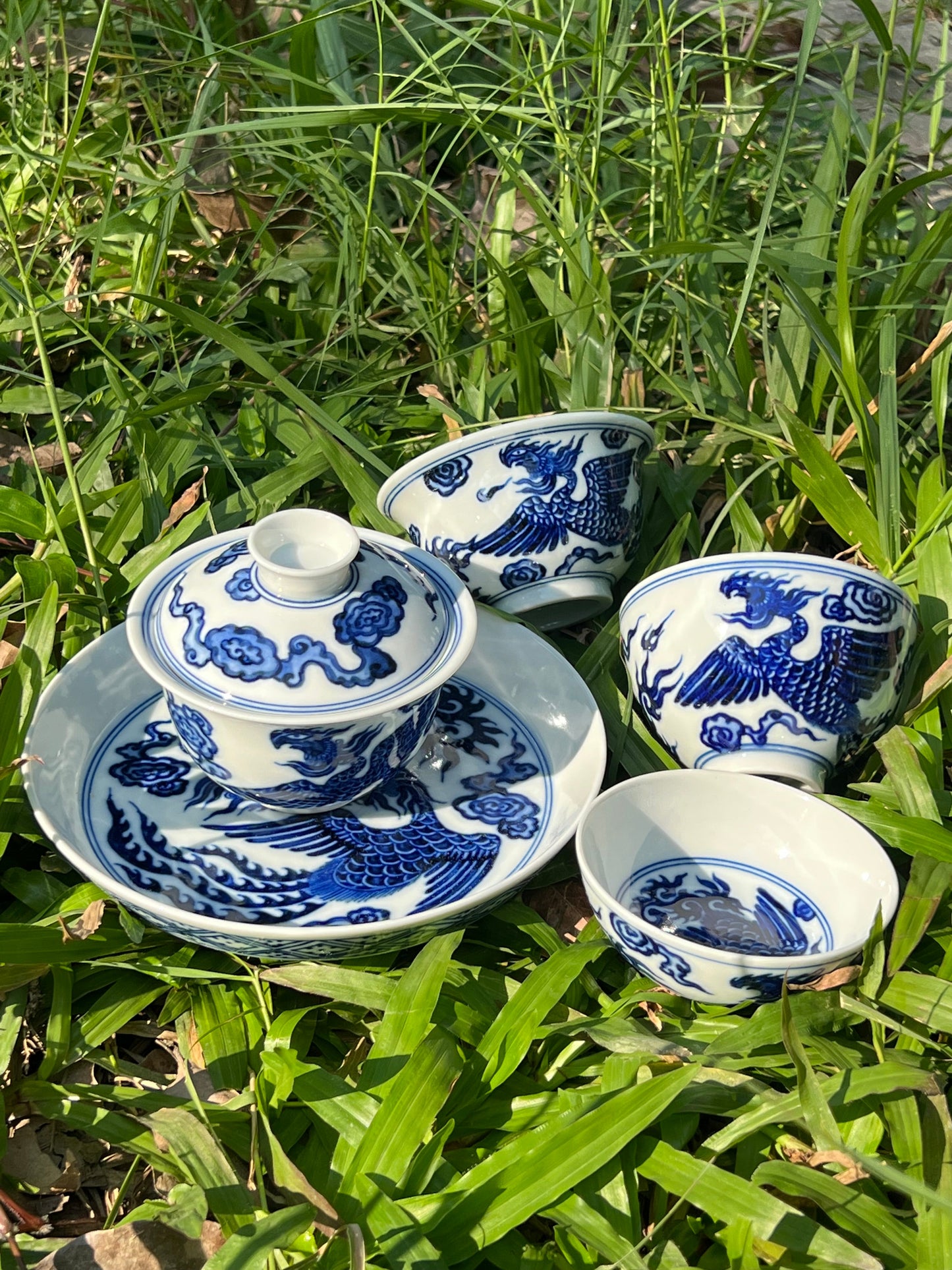 Hand Painted Chinese Phoenix Gaiwan Blue and White Porcelain Teaware Jingdezhen Master Ceramic Artwork