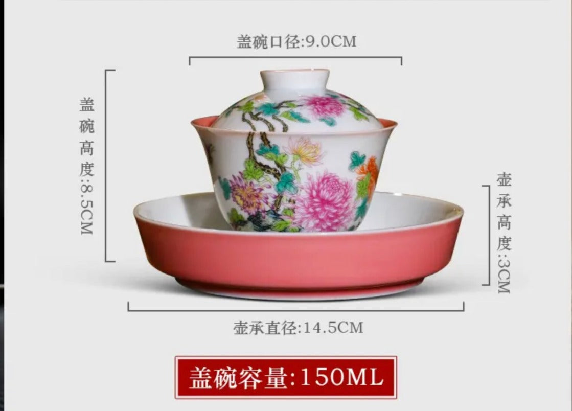 This is a Chinese Jingdezhen enamel chrysanthemum flower teapot gaiwan