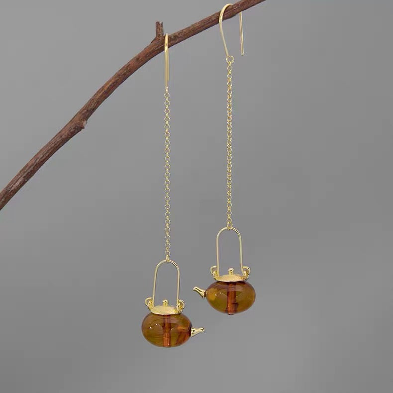 S925 Sterling Silver Original Design Handmade Teapot Shape Amber Earrings