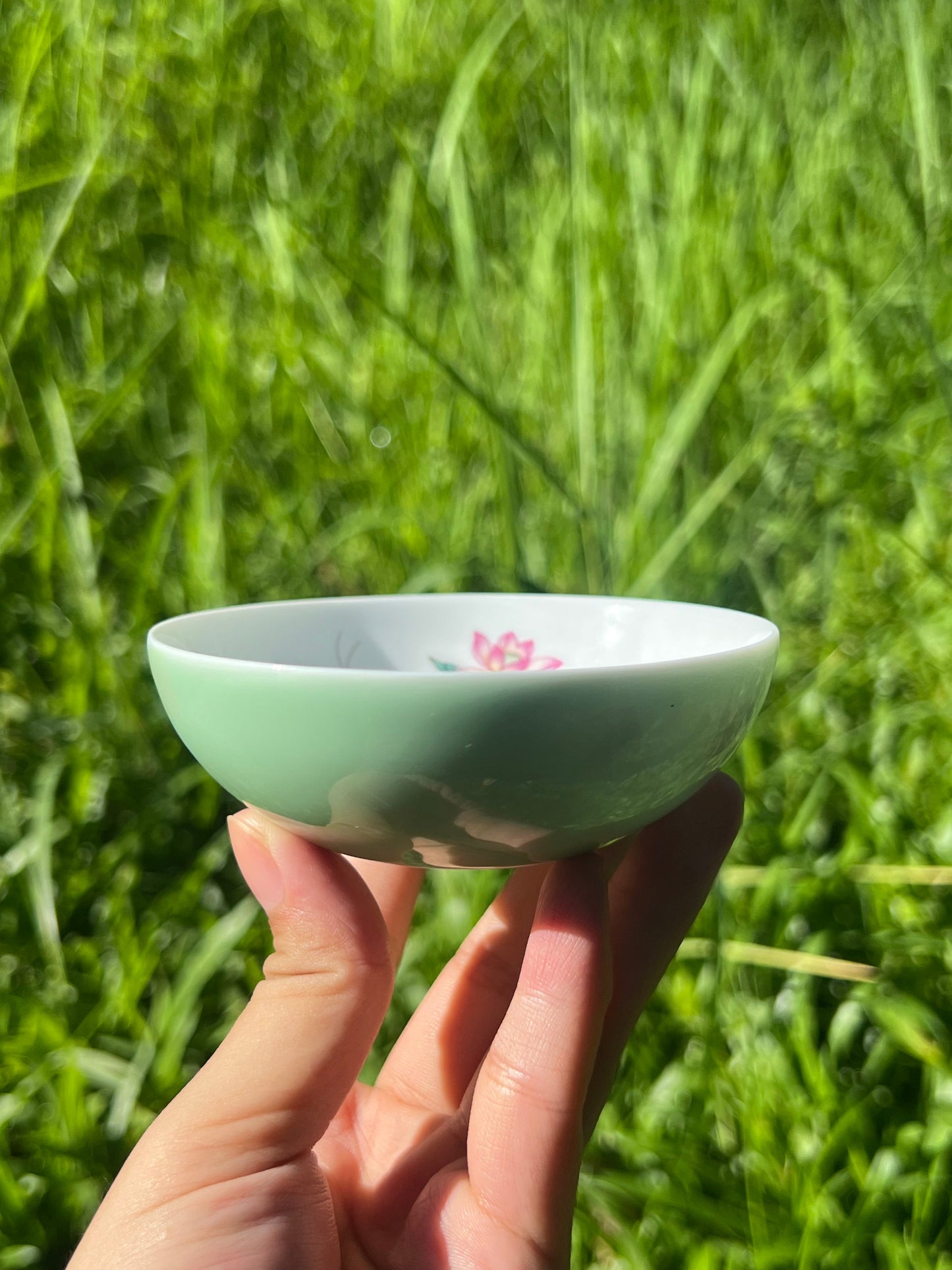 Handpainted Chinese Flowers Butterfly Enamel Teacup Jingdezhen Master Ceramic Artwork Green Base