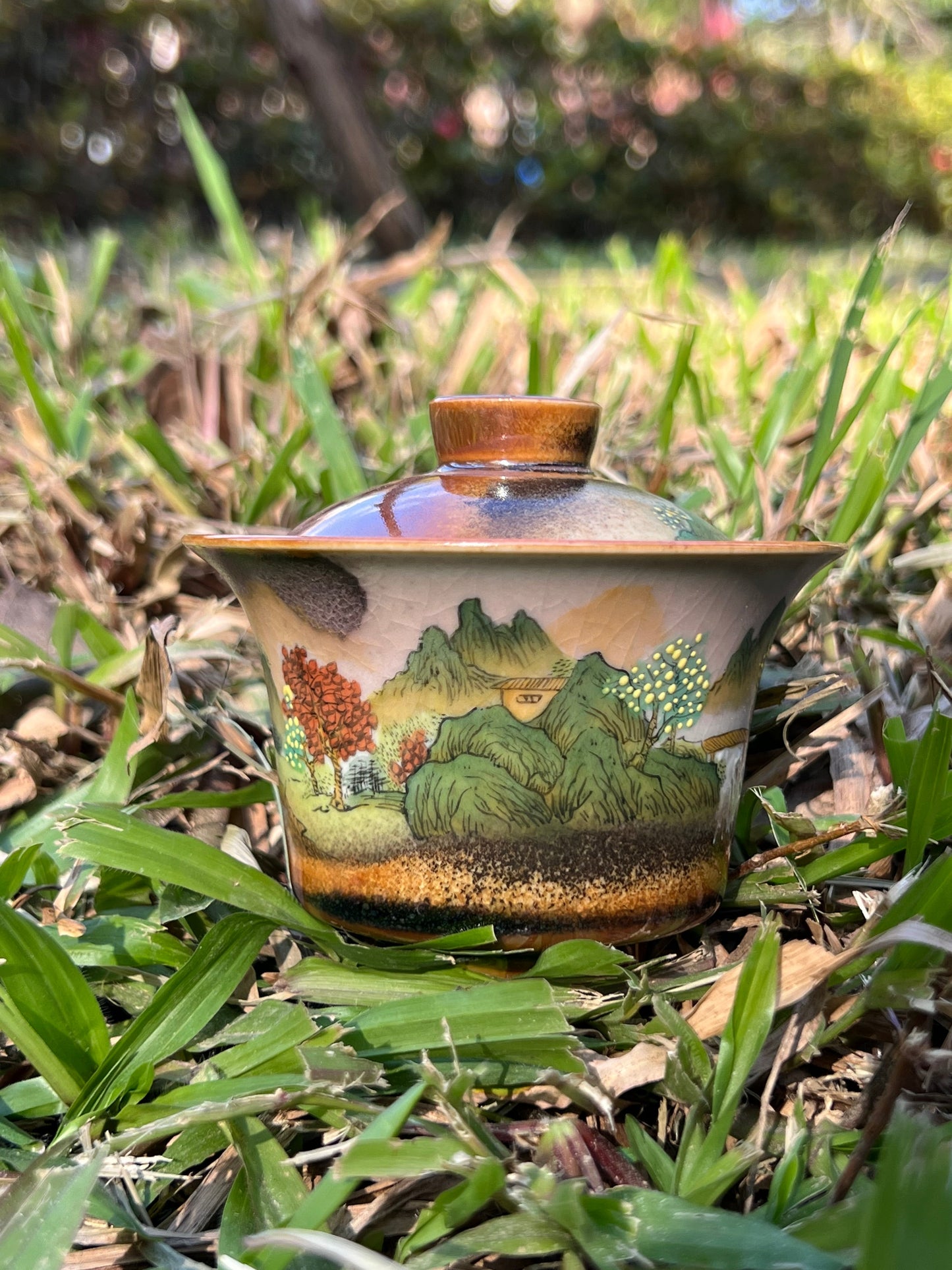 Handcraft Chinese Handpainted Chinese Landscape Gaiwan Set Artwork Unique Original Pottery Tea Ceremony