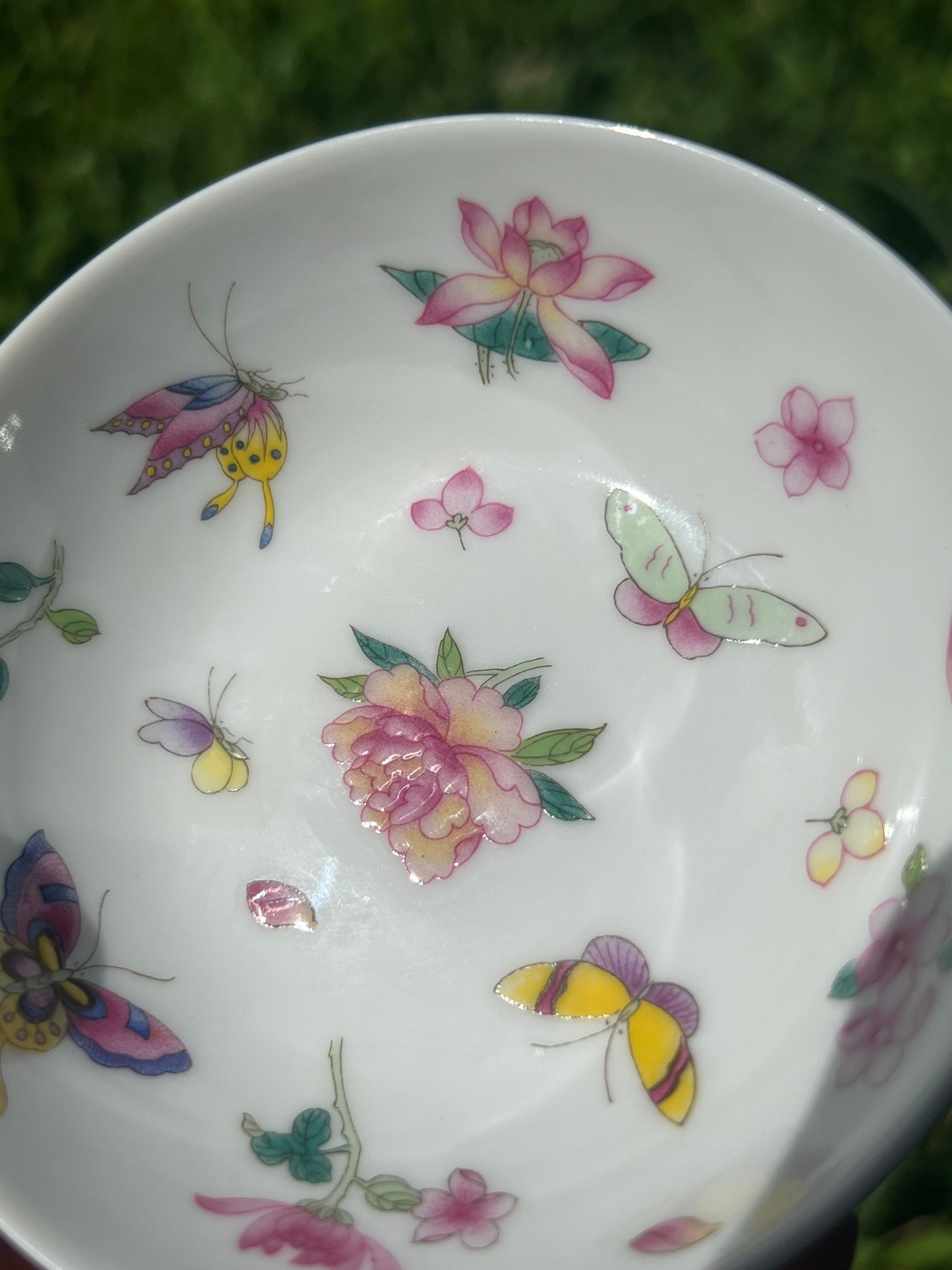 Handpainted Chinese Flowers Butterfly Enamel Teacup Jingdezhen Master Ceramic Artwork Green Base