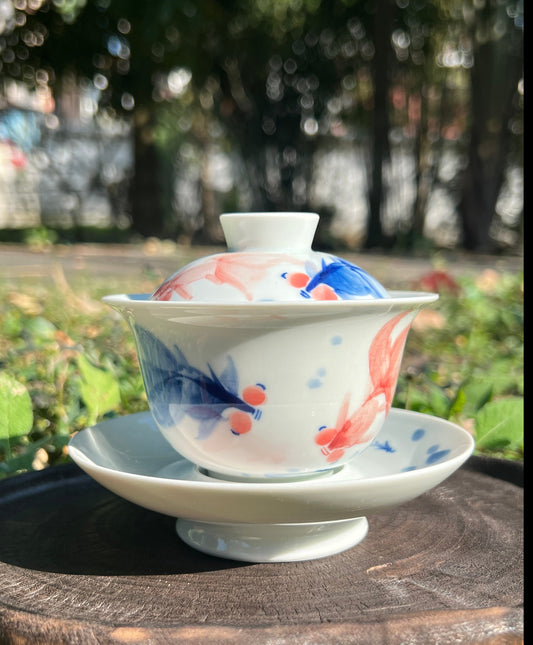 Handcrafted Chinese Handpainted Chinese Fish Pattern Teaset Jingdezhen Gaiwan Set Ceramic Master Pottery Artwork