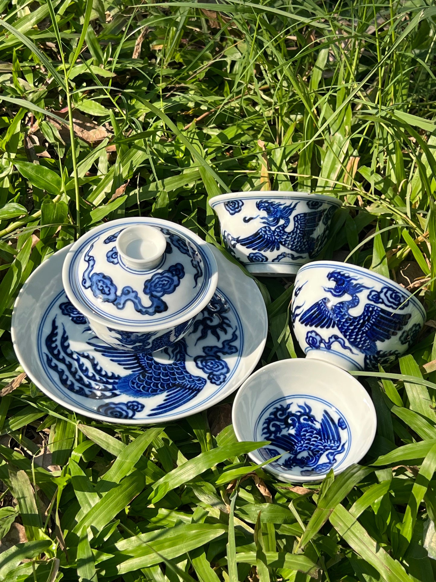 Hand Painted Chinese Phoenix Gaiwan Blue and White Porcelain Teaware Jingdezhen Master Ceramic Artwork