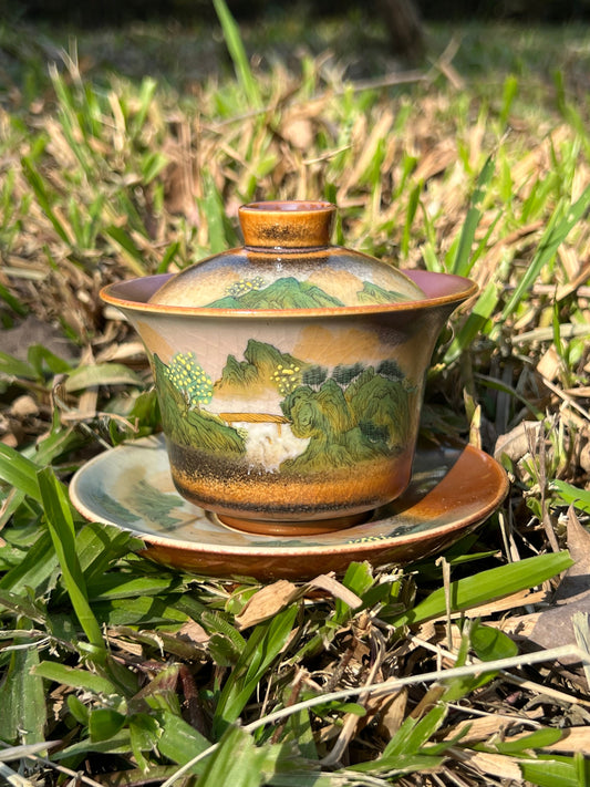 Handcraft Chinese Handpainted Chinese Landscape Gaiwan Set Artwork Unique Original Pottery Tea Ceremony