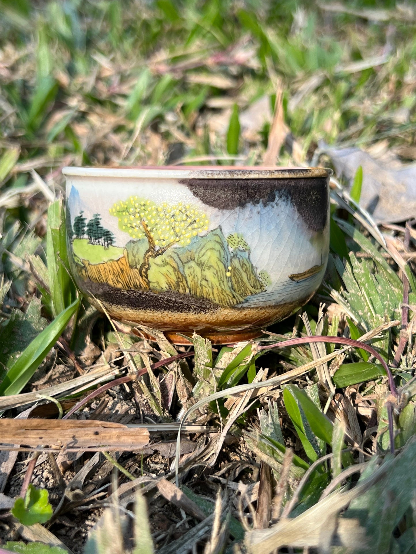 Handcraft Chinese Handpainted Chinese Landscape Gaiwan Set Artwork Unique Original Pottery Tea Ceremony