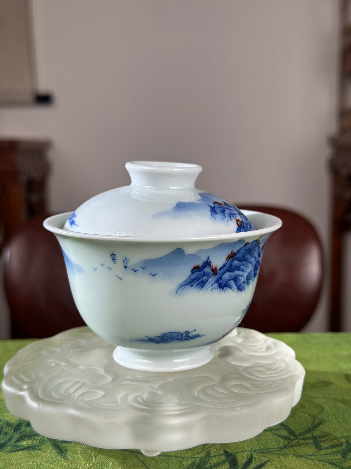 Hand Painted Chinese Landscape Blue and White Porcelain Underglaze Red Porecelain Teacup Jingdezhen Master Ceramic Artwork