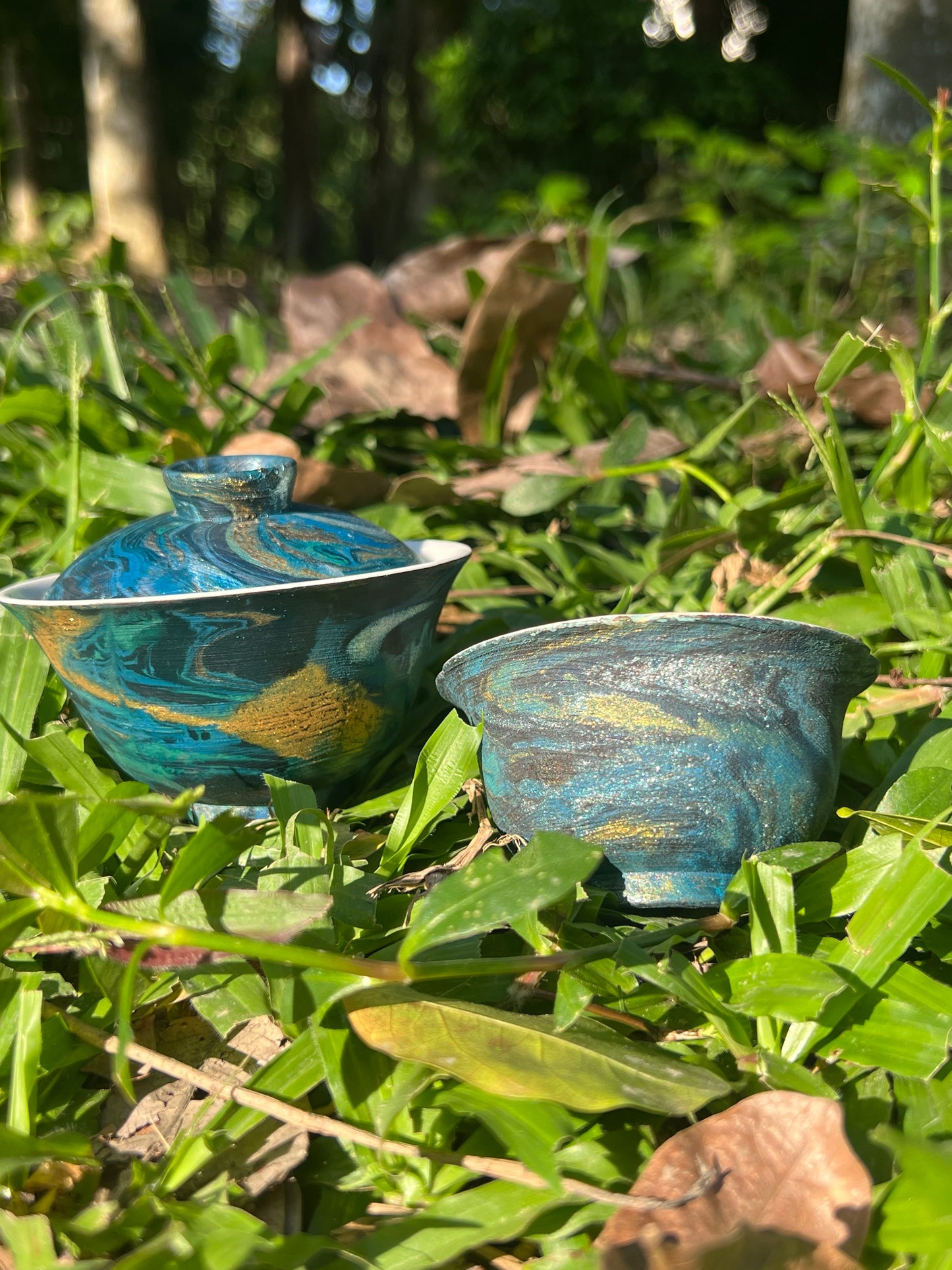 Handcrafted Chinese Lacquer Ware Blue Gaiwan Jingdezhen Pottery Pot Maker Teaware